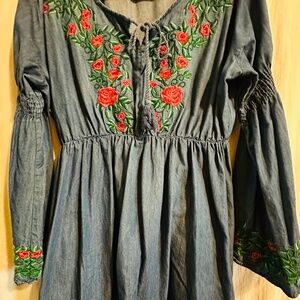 1XL/2XL Denim boho embroidered roses dress